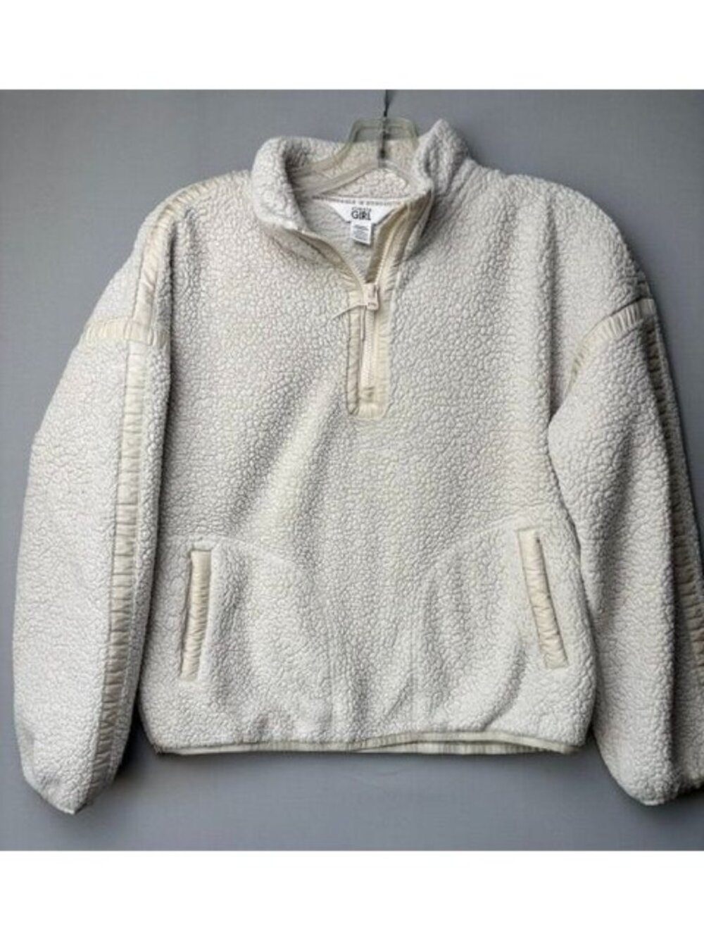 Athleta Girl Sherpa Fleece Pullover XL14 Ivory Quarter Zip Cozy Pockets Jacket
